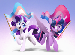 Size: 2695x1993 | Tagged: safe, artist:dawnfire, character:rarity, character:twilight sparkle, character:twilight sparkle (alicorn), species:alicorn, species:pony, species:unicorn, g4, bisexual pride flag, duo, duo female, female, glowing horn, high res, horn, levitation, looking at each other, looking at someone, magic, magic aura, mare, open mouth, open smile, pride, pride flag, raised hoof, signature, smiling, spread wings, telekinesis, transgender pride flag, wings