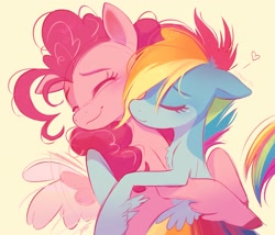 Size: 2001x1711 | Tagged: safe, artist:imalou, character:pinkie pie, character:rainbow dash, species:pegasus, species:pony, ship:pinkiedash, g4, chest fluff, colored eyebrows, cute, dashabetes, diapinkes, duo, duo female, eyebrows, eyes closed, female, hug, lesbian, mare, pegasus pinkie pie, race swap, shipping, signature, simple background, smiling, wings