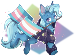 Size: 4096x3075 | Tagged: safe, artist:cutepencilcase, manebooru spotlight, character:trixie, species:pony, species:unicorn, g4, cheek fluff, chest fluff, clothing, ear fluff, eyebrows, female, high res, holding, hoodie, horn, leg fluff, looking at you, mare, mouth hold, pride, pride flag, simple background, solo, sparkles, trans female, trans trixie, transgender, transgender pride flag, transparent background
