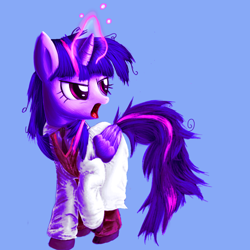 Size: 1280x1280 | Tagged: safe, artist:vultraz, character:twilight sparkle, character:twilight sparkle (alicorn), species:alicorn, species:pony, g4, blue background, clothing, coat, female, folded wings, glowing horn, horn, lab coat, magic, magic aura, mare, messy mane, messy tail, necktie, open mouth, raised hoof, scientist, simple background, solo, tail, wings