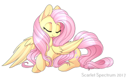 Size: 3000x1855 | Tagged: safe, artist:scarlet-spectrum, character:fluttershy, species:pegasus, species:pony, g4, crossed hooves, cute, eyes closed, female, head turn, high res, lying down, mare, one wing out, prone, shyabetes, signature, simple background, smiling, solo, transparent background, wings