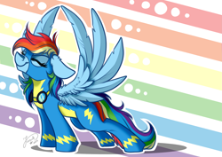 Size: 4093x2894 | Tagged: safe, artist:julunis14, character:rainbow dash, species:pegasus, species:pony, g4, clothing, eyes closed, female, floppy ears, goggles, high res, mare, rainbow background, signature, smiling, solo, spread wings, stretching, uniform, wings, wonderbolts, wonderbolts uniform