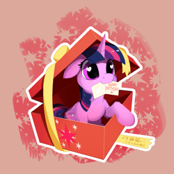 Size: 2331x2332 | Tagged: safe, artist:draconidsmxz, character:twilight sparkle, character:twilight sparkle (alicorn), species:alicorn, species:pony, g4, birthday, blushing, box, chinese, cute, female, floppy ears, folded wings, happy birthday, heart, heart eyes, high res, hnnng, holding, horn, looking at you, mare, mouth hold, pony in a box, present, smiling, smiling at you, solo, twiabetes, wingding eyes, wings