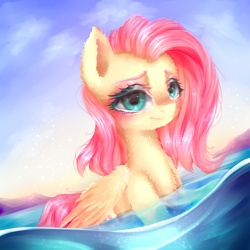 Size: 2000x2000 | Tagged: safe, artist:anieliy, artist:anieliy_, character:fluttershy, species:pegasus, species:pony, g4, colored eyebrows, eyebrows, female, fluffy, folded wings, high res, looking at you, mare, solo, water, wings