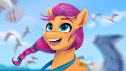 Size: 1920x1080 | Tagged: safe, artist:artistmythical, character:sunny starscout, species:bird, species:earth pony, species:pony, species:seagull, g5, 2022, braid, bust, colored eyebrows, cute, eyebrows, female, looking up, mare, open mouth, open smile, smiling, solo, sunnybetes, three quarter view, windswept mane