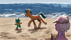 Size: 2560x1440 | Tagged: safe, artist:artistmythical, character:grandma figgy, character:hitch trailblazer, character:sparky sparkeroni, species:dragon, species:earth pony, species:pony, g5, baby, baby dragon, beach, blaze (coat marking), clothing, coat markings, colored hooves, digital painting, father, father and child, father and son, female, grin, hat, hooves, male, mare, one eye closed, open mouth, open smile, outdoors, papa hitch, parent and child, running, signature, smiling, socks (coat marking), son, stallion, standing on two hooves, trio, unshorn fetlocks, visor, water wings
