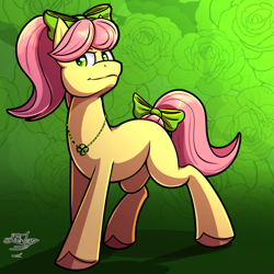 Size: 1000x1000 | Tagged: safe, artist:littletigressda, character:posey bloom, species:earth pony, species:pony, g5, bow, colored hooves, female, hair bow, hooves, jewelry, mare, necklace, signature, solo, tail, tail bow, three quarter view, unshorn fetlocks