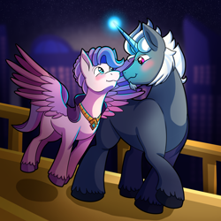 Size: 2000x2000 | Tagged: safe, artist:littletigressda, character:alphabittle, character:alphabittle blossomforth, character:queen haven, species:pegasus, species:pony, species:unicorn, ship:alphahaven, g5, blushing, colored hooves, cute, duo, female, flying, hooves, looking at each other, looking at someone, male, mare, shipping, spread wings, stallion, straight, unshorn fetlocks, wings