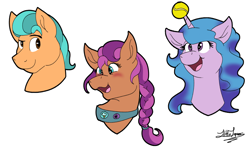 Size: 1700x1000 | Tagged: safe, artist:littletigressda, character:hitch trailblazer, character:izzy moonbow, character:sunny starscout, species:earth pony, species:pony, species:unicorn, g5, badge, ball, blaze (coat marking), blushing, braid, bust, cute, eyebrows, female, gradient hair, horn, horn guard, horn impalement, hornball, izzy's tennis ball, male, mare, multicolored hair, open mouth, signature, simple background, smiling, stallion, sunny's buttons, tennis ball, toy, white background