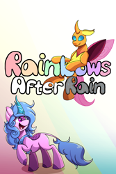 Size: 2000x3000 | Tagged: safe, artist:littletigressda, character:izzy moonbow, character:sunny starscout, species:changeling, species:earth pony, species:kirin, species:reformed changeling, species:unicorn, fanfic:rainbows after rain, g5, changedlingified, changelingified, cloven hooves, colored hooves, cute, fanfic, fanfic art, fanfic cover, female, gradient background, gradient hair, hooves, izzybetes, kirin-ified, multicolored hair, obscured text, simple background, species swap, sunnybetes, text, three quarter view