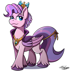 Size: 1000x1000 | Tagged: safe, artist:littletigressda, character:queen haven, species:pegasus, species:pony, g5, cape, clothing, colored hooves, colored wings, crown, female, hooves, jewelry, mare, multicolored wings, necklace, regalia, signature, simple background, solo, three quarter view, two toned wings, unshorn fetlocks, white background, wings
