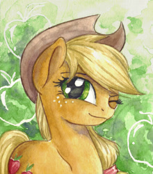 Size: 2152x2440 | Tagged: safe, artist:the-wizard-of-art, part of a set, character:applejack, species:earth pony, species:pony, g4, apple family member, applejack's hat, clothing, cowboy hat, eyebrows, female, freckles, hat, high res, looking at you, mare, one eye closed, painting, smiling, smiling at you, solo, stetson, traditional art, watercolor painting, wink, winking at you