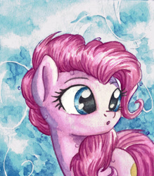 Size: 2142x2450 | Tagged: safe, artist:the-wizard-of-art, part of a set, character:pinkie pie, species:earth pony, species:pony, g4, :o, eyebrows, female, high res, mare, open mouth, painting, solo, traditional art, turned head, watercolor painting