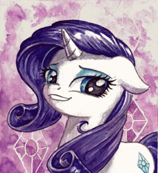 Size: 2246x2464 | Tagged: safe, artist:the-wizard-of-art, part of a set, character:rarity, species:pony, species:unicorn, g4, bust, eyebrows, female, floppy ears, high res, horn, lidded eyes, looking at you, looking away, mare, painting, smiling, smiling at you, solo, traditional art, watercolor painting