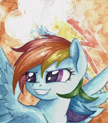 Size: 2140x2446 | Tagged: safe, artist:the-wizard-of-art, part of a set, character:rainbow dash, species:pegasus, species:pony, g4, eyebrows, female, grin, high res, mare, painting, portrait, smiling, solo, spread wings, traditional art, turned head, watercolor painting, wings