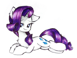 Size: 2553x1915 | Tagged: safe, artist:liaaqila, character:rarity, species:pony, species:unicorn, g4, eyebrows, eyebrows visible through hair, female, high res, horn, looking at you, lying down, mare, one ear down, prone, signature, simple background, smiling, smiling at you, solo, traditional art, white background
