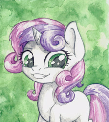 Size: 2160x2419 | Tagged: safe, artist:the-wizard-of-art, part of a set, character:sweetie belle, species:pony, species:unicorn, g4, blank flank, cute, diasweetes, eyebrows, female, filly, grin, high res, horn, looking at you, painting, smiling, smiling at you, solo, traditional art, watercolor painting, young