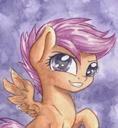 Size: 2223x2415 | Tagged: safe, artist:the-wizard-of-art, part of a set, character:scootaloo, species:pegasus, species:pony, g4, blank flank, cute, cutealoo, eyebrows, female, filly, grin, high res, looking at you, painting, portrait, raised hoof, smiling, smiling at you, solo, spread wings, traditional art, watercolor painting, wings, young
