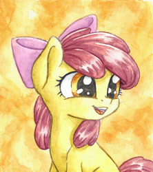 Size: 2153x2420 | Tagged: safe, artist:the-wizard-of-art, part of a set, character:apple bloom, species:earth pony, species:pony, g4, adorabloom, apple bloom's bow, apple family member, blank flank, bow, cute, female, filly, hair bow, high res, open mouth, open smile, painting, portrait, smiling, solo, traditional art, watercolor painting, young