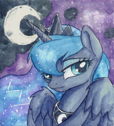 Size: 2240x2483 | Tagged: safe, artist:the-wizard-of-art, part of a set, character:princess luna, species:alicorn, species:pony, g4, bust, eyebrows, female, high res, horn, lidded eyes, looking at you, mare, moon, painting, partially open wings, portrait, solo, traditional art, watercolor painting, wings