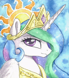 Size: 2164x2463 | Tagged: safe, artist:the-wizard-of-art, part of a set, character:princess celestia, species:alicorn, species:pony, g4, bust, crown, eyebrows, female, high res, horn, jewelry, looking at you, mare, painting, portrait, profile, regalia, solo, traditional art, watercolor painting, wings