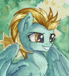 Size: 2184x2430 | Tagged: safe, artist:the-wizard-of-art, part of a set, character:lightning dust, species:pegasus, species:pony, g4, ear fluff, eyebrows, female, grin, high res, mare, painting, partially open wings, smiling, solo, traditional art, watercolor painting, wings