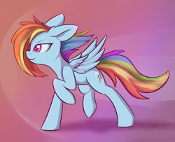 Size: 1781x1445 | Tagged: safe, artist:dusthiel, character:rainbow dash, species:pegasus, species:pony, g4, backwards cutie mark, colored pupils, eyebrows, female, gradient background, mare, profile, raised hoof, raised leg, smiling, solo, spread wings, wings