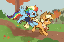 Size: 2000x1333 | Tagged: safe, artist:friendlyfangs, character:applejack, character:rainbow dash, species:earth pony, species:pegasus, species:pony, ship:appledash, g4, apple family member, applejack's hat, blushing, clothing, cowboy hat, duo, duo female, eyebrows, female, flying, freckles, granny smith's shawl, grass, hat, leaves, lesbian, looking at each other, looking at someone, mare, older, older appledash, older applejack, older rainbow dash, open mouth, open smile, outdoors, scarf, shipping, signature, smiling, smiling at each other, spread wings, stetson, tree, wings