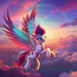 Size: 1650x1650 | Tagged: safe, artist:allegrenix, character:zipp storm, species:pegasus, species:pony, g5, backlighting, big wings, cloud, colored eyebrows, colored wings, colored wingtips, crepuscular rays, eyebrows, female, flying, lighting, mare, multicolored wings, open mouth, scenery, sky, solo, spread wings, wings
