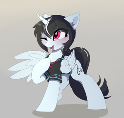 Size: 2888x2751 | Tagged: safe, artist:magnaluna, oc, oc only, species:alicorn, species:pony, alicorn oc, blushing, clothing, cute, eye clipping through hair, eyebrows, eyebrows visible through hair, female, gradient background, high res, horn, mare, one eye closed, one wing out, open mouth, open smile, raised hoof, shirt, smiling, solo, wings, wink