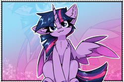 Size: 3000x2000 | Tagged: safe, artist:jubyskylines, character:twilight sparkle, character:twilight sparkle (alicorn), species:alicorn, species:pony, g4, chest fluff, colored hooves, colored wings, cute, ear fluff, eye clipping through hair, female, gradient background, gradient wings, high res, hooves, horn, looking at you, mare, multicolored wings, owo, sitting, smiling, smiling at you, solo, twiabetes, unshorn fetlocks, wings, zoom layer