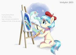 Size: 2856x2080 | Tagged: safe, artist:vinilyart, character:coco pommel, species:earth pony, species:pony, species:unicorn, g4, beret, clothing, easel, female, hat, high res, mare, paintbrush, painting, palette, signature, simple background, sitting, smiling, solo, white background