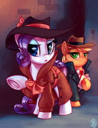 Size: 2550x3300 | Tagged: safe, artist:diamonddusted, artist:whitediamonds, character:applejack, character:rarity, species:earth pony, species:pony, species:unicorn, g4, apple family member, applejack's hat, clothing, coat, commission, cowboy hat, detective rarity, duo, duo female, fedora, female, flask, freckles, frog (hoof), hat, high res, hoof hold, hooves, mare, necktie, open mouth, raised hoof, shadow spade, signature, stetson, trenchcoat, underhoof