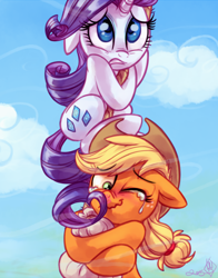 Size: 3300x4200 | Tagged: safe, artist:diamonddusted, artist:whitediamonds, character:applejack, character:rarity, species:earth pony, species:pony, species:unicorn, ship:rarijack, g4, apple family member, applejack's hat, blushing, clothing, cowboy hat, crying, duo, duo female, eyebrows, eyebrows visible through hair, female, floppy ears, freckles, gritted teeth, hat, high res, horn, lesbian, mare, one eye closed, pre sneeze, rarijack daily, rope, shipping, signature, sneezing, stetson, tail, this will end in tears, tickling, wavy mouth