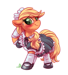 Size: 3100x3400 | Tagged: safe, artist:diamonddusted, artist:whitediamonds, character:applejack, species:earth pony, species:pony, g4, apple family member, blushing, clothing, commission, cute, dress, embarrassed, female, floppy ears, freckles, high res, jackabetes, looking at you, maid, maidjack, mare, mary janes, puffy sleeves, raised hoof, shoes, signature, simple background, skirt, smiling, socks, solo, stockings, sweat, sweatdrop, white background