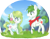 Size: 1353x1052 | Tagged: safe, artist:ne-chi, oc, oc:gracidea, species:earth pony, species:pegasus, species:pony, g4, bandana, clothing, crossover, cute, first meeting, hoof shoes, looking at each other, looking at someone, mythical pokémon, nintendo, ocbetes, open mouth, pokémon, profile, raised hoof, shaymin, shoes, simple background, transparent background, video game