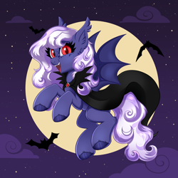 Size: 4000x4000 | Tagged: safe, artist:confetticakez, oc, oc only, oc:gloaming sheen, species:bat, species:bat pony, species:pony, bat ears, bat ponified, bat wings, cape, clothing, cloud, fangs, female, flying, full moon, looking at you, mare, moon, night, night sky, open mouth, open smile, outdoors, race swap, sharp teeth, sky, slit pupils, smiling, smiling at you, solo, spread wings, stars, wings, ych result