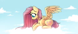 Size: 3000x1310 | Tagged: safe, artist:starlyfly, character:fluttershy, species:pegasus, species:pony, g4, cloud, eyebrows, female, lying down, mare, on a cloud, profile, prone, sky, solo, spread wings, wings