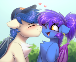 Size: 1600x1306 | Tagged: safe, artist:starlyfly, oc, oc only, oc:evening lily, oc:moonshot, species:bat pony, species:pony, bat pony oc, bat wings, blushing, cap, chest fluff, clothing, cute, duo, duo male and female, eveshot, eyebrows, eyebrows visible through hair, eyes closed, female, floppy ears, hat, heart, male, mare, oc x oc, ocbetes, one eye closed, open mouth, open smile, shipping, smiling, stallion, straight, wings