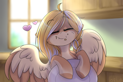 Size: 3000x2000 | Tagged: safe, artist:starlyfly, oc, oc only, species:pegasus, species:pony, colored wings, cute, dish, eating, eyebrows, eyebrows visible through hair, eyes closed, female, heart, high res, indoors, kitchen, mare, multicolored wings, pegasus oc, plate, signature, solo, two toned wings, wings