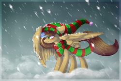 Size: 3000x2000 | Tagged: safe, artist:starlyfly, oc, oc only, oc:ketchup, species:pegasus, species:pony, clothing, female, hat, high res, mare, one eye closed, pegasus oc, scarf, signature, snow, snowfall, solo, striped scarf, wings, winter