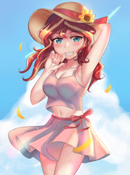 Size: 1150x1550 | Tagged: safe, artist:tzc, character:sunset shimmer, species:human, g4, adorasexy, anime, arm behind head, armpits, beautiful, belly button, breasts, busty sunset shimmer, clothing, cute, female, flower, hat, humanized, looking at you, midriff, moe, ribbon, sexy, shimmerbetes, skirt, smiling, solo, species swap, stupid sexy sunset shimmer, summer, sun hat, sunflower