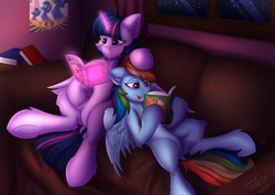 Size: 4961x3508 | Tagged: safe, artist:flapstune, character:rainbow dash, character:twilight sparkle, character:twilight sparkle (alicorn), species:alicorn, species:pegasus, species:pony, ship:twidash, g4, absurd resolution, blep, book, couch, dock, duo, duo female, eyebrows, eyebrows visible through hair, featureless crotch, female, frog (hoof), glowing horn, hooves, horn, indoors, lesbian, levitation, lying down, magic, magic aura, mare, on back, poster, reading, shipping, signature, sitting, smiling, tail, telekinesis, tongue out, underhoof, window, wings, wonderbolts poster