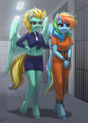 Size: 2500x3468 | Tagged: safe, artist:hakaina, character:lightning dust, character:rainbow dash, species:anthro, species:pegasus, species:unguligrade anthro, g4, belly button, bondage, bound wings, clothing, colored hooves, cuffs, duo, duo female, female, front knot midriff, hooves, jumpsuit, mare, midriff, never doubt rainbowdash69's involvement, officer ld, police officer, police uniform, prison outfit, prisoner, prisoner rd, sad, shackles, unshorn fetlocks, wing cuffs, wings
