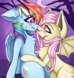 Size: 2387x2509 | Tagged: safe, artist:kittygutzzart, character:flutterbat, character:fluttershy, character:rainbow dash, species:bat pony, species:pegasus, species:pony, ship:flutterdash, g4, bat ears, bat ponified, bat wings, blushing, boop, chest fluff, colored eyebrows, crescent moon, drool, duo, duo female, eye contact, eyebrows, eyebrows visible through hair, fangs, female, floppy ears, high res, lesbian, looking at each other, looking at someone, mare, moon, night, night sky, noseboop, outdoors, race swap, sharp teeth, shipping, shyabates, sky, spread wings, sweat, sweatdrop, tongue out, wings