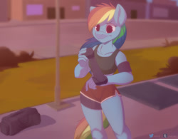 Size: 1280x1000 | Tagged: safe, artist:vesmirart, character:rainbow dash, species:anthro, species:pegasus, g4, armband, athletic tape, bag, bra, clothing, duffle bag, female, mare, shorts, solo, sports bra, sports shorts, underwear, wingless, wingless anthro