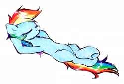 Size: 2498x1695 | Tagged: safe, artist:liaaqila, character:rainbow dash, species:pegasus, species:pony, g4, commission, crossed legs, eyes closed, female, high res, lying down, mare, missing cutie mark, on back, signature, simple background, smiling, solo, traditional art, underhoof, white background, wingless