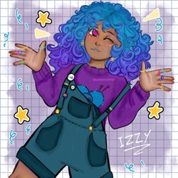 Size: 1200x1200 | Tagged: safe, artist:leoaquilles, character:izzy moonbow, species:human, species:unicorn, g5, abstract background, clothing, cute, dark skin, female, gradient hair, humanized, izzybetes, jewelry, lipstick, looking at you, makeup, multicolored hair, name, no pupils, one eye closed, overalls, ring, solo, species swap, stars, sweater, text