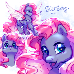 Size: 2000x2000 | Tagged: safe, artist:zatillias, character:starsong, species:pegasus, species:pony, g3, bust, cute, female, looking at you, mare, name, raised hoof, solo, spread wings, text, three quarter view, unshorn fetlocks, wings