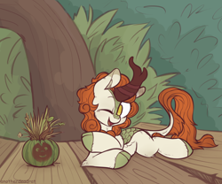 Size: 1856x1545 | Tagged: safe, artist:anotherdeadrat, character:autumn blaze, species:kirin, episode:sounds of silence, g4, my little pony: friendship is magic, awwtumn blaze, cloven hooves, colored hooves, cute, female, hooves, horn, kirinbetes, looking at you, lying down, no pupils, one eye closed, open mouth, open smile, outdoors, prone, signature, smiling, smiling at you, solo, unshorn fetlocks, wilson (cast away), wink, winking at you